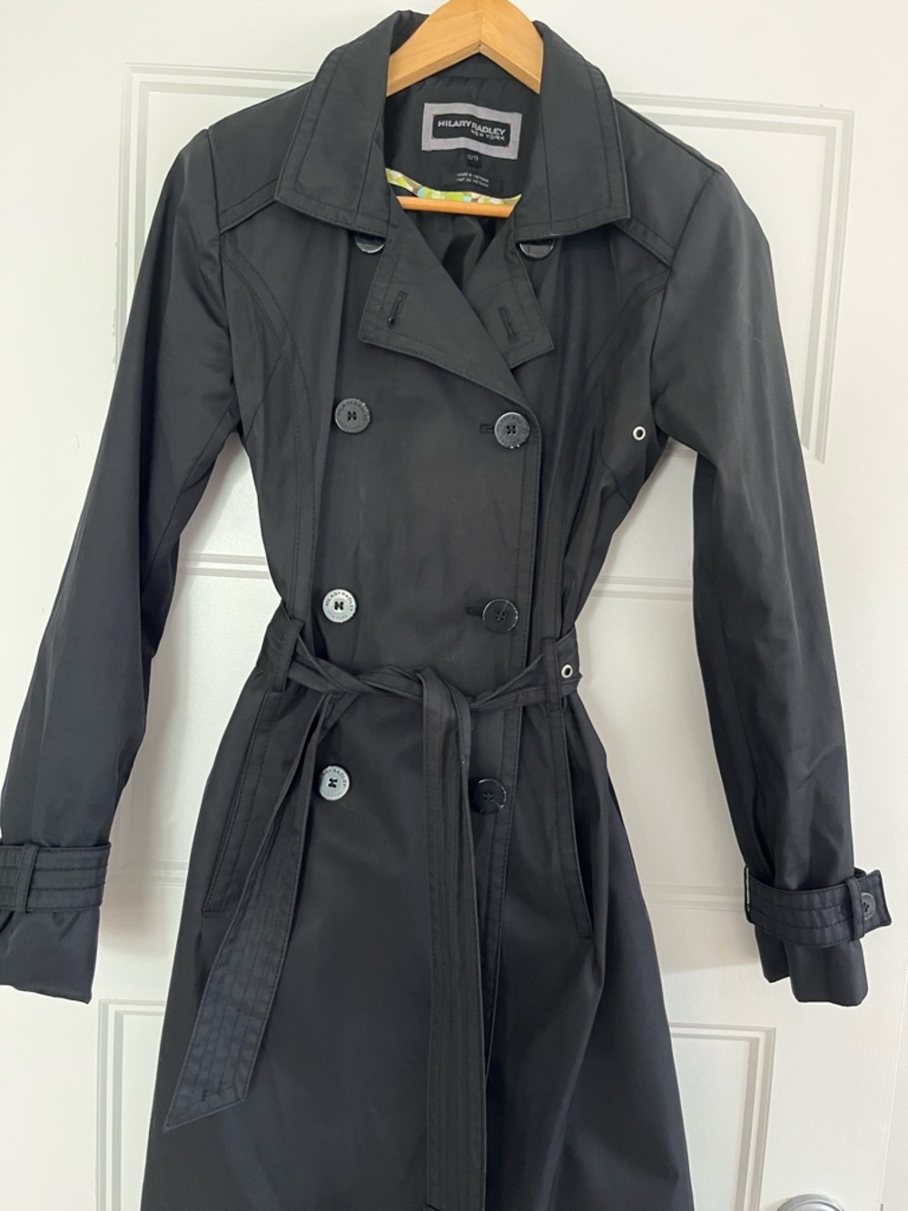 Hilary Radley Black Double-Breasted Belted Trench Coat
